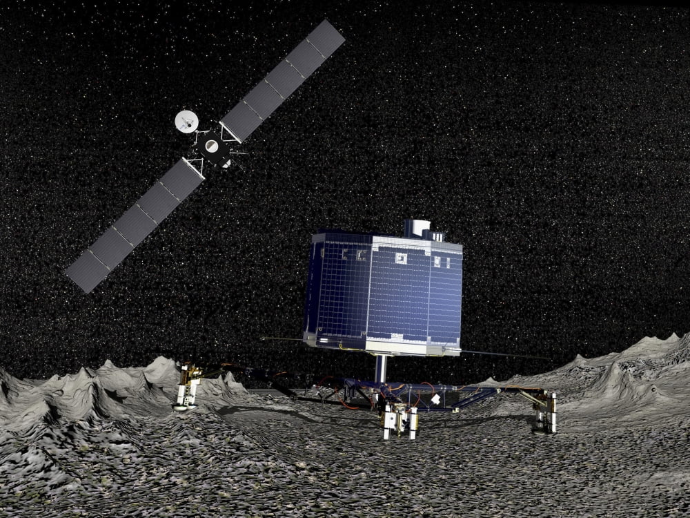 Philae lander on surface of a comet with Rosetta probe above Canvas Art - Elena DuvernayStocktrek Images (17 x 13)