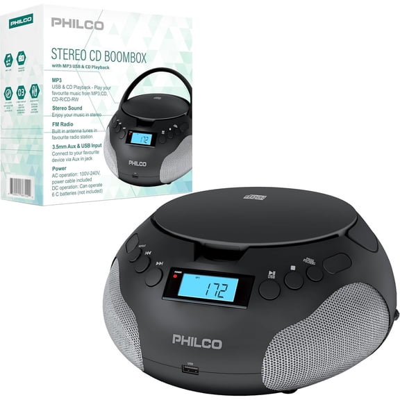 Philco Portable CD Player Boombox, FM Radio CD Players for Home, Compatible with MP3/WMA/CD-R/CD-RW 3.5mm Aux Input, USB Port, Stereo Sound, AC/Battery Powered, LED Display