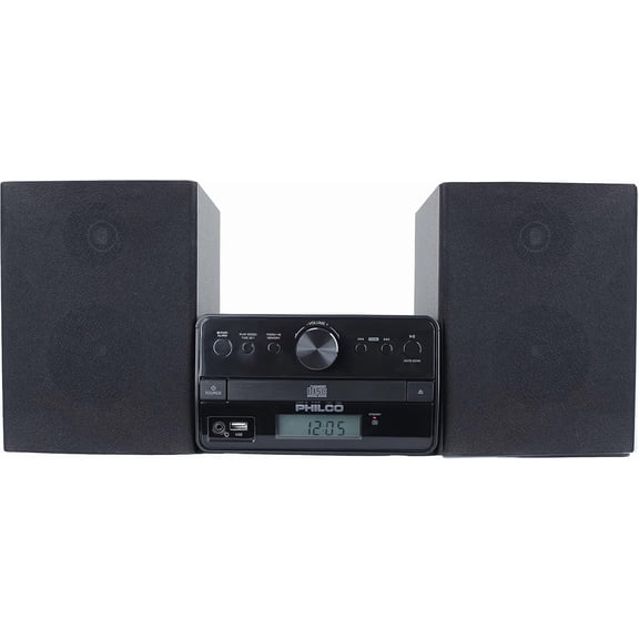 Philco Stereo Shelf Systems Tray Loading CD Player with FM Radio, Bluetooth Streaming, Black Remote | LCD Display | 3.5mm Headphone Jack | MP3 & Aux