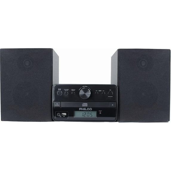 Philco Stereo Shelf Systems Tray Loading CD Player with FM Radio, Bluetooth Streaming, Black Remote | LCD Display | 3.5mm Headphone Jack | MP3 & Aux