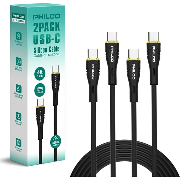 Philco USB C to USB C Cable, Type C Fast Charging Cable, (2Pack, 4FT) 20W Silicone Tangle-Free USBC Cable, Black