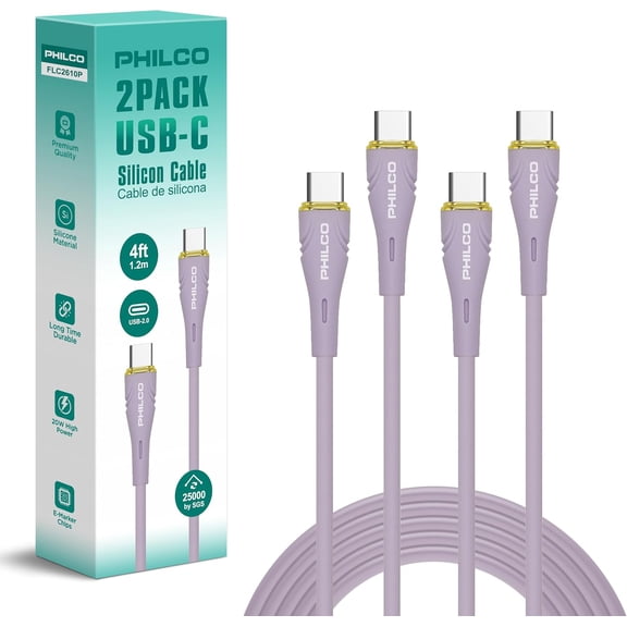 Philco USB C to USB C Cable, Type C Fast Charging Cable, (2Pack, 4FT) 20W Silicone Tangle-Free USBC Cable, Purple