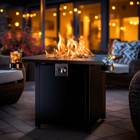 Philergo 28 Inch Propane Fire Pits with Cup Holders, 52000 BTU Steel Gas Fire Pit Table with Lid and Lava Rock for Outdoor,Model:2569885