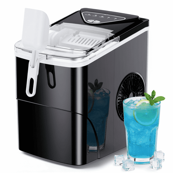 Philergo Ice Maker Countertop, 26lbs/Per Day, 9 Bullet Ice Cubes in 6 Mins, Self-Cleaning Ice Maker with Ice Scoop, Basket,2 Sizes of Bullet Shaped Ice for Home/Office/Kitchen,Black