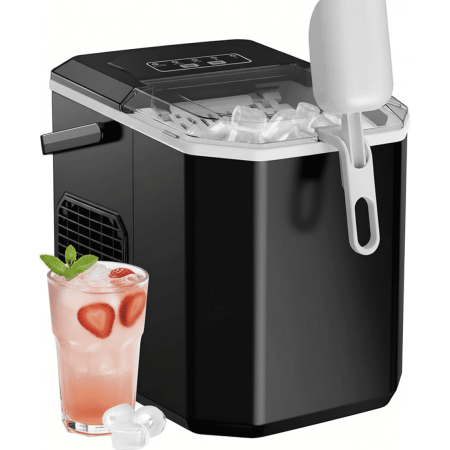 Philergo Ice Maker Countertop, 26lbs Per day, 9 Bullet Ice Cubes Ready in 6 Mins, Auto-Cleaning with Basket and Scoop, Quiet Compact Ice Maker for Home/Kitchen/RV/Camping/Party/Travel, Black