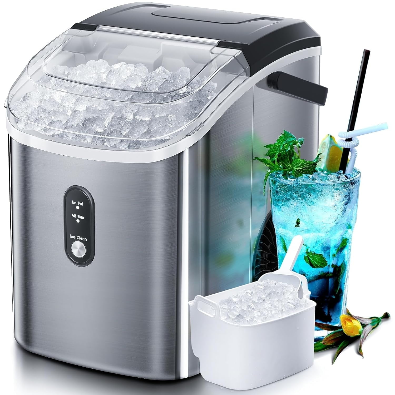 Philergo Portable Nugget Ice Maker, 33lbs/24H, Soft Chewable Ice, Self-Cleaning for Home Kitchen Office, Stainless Steel