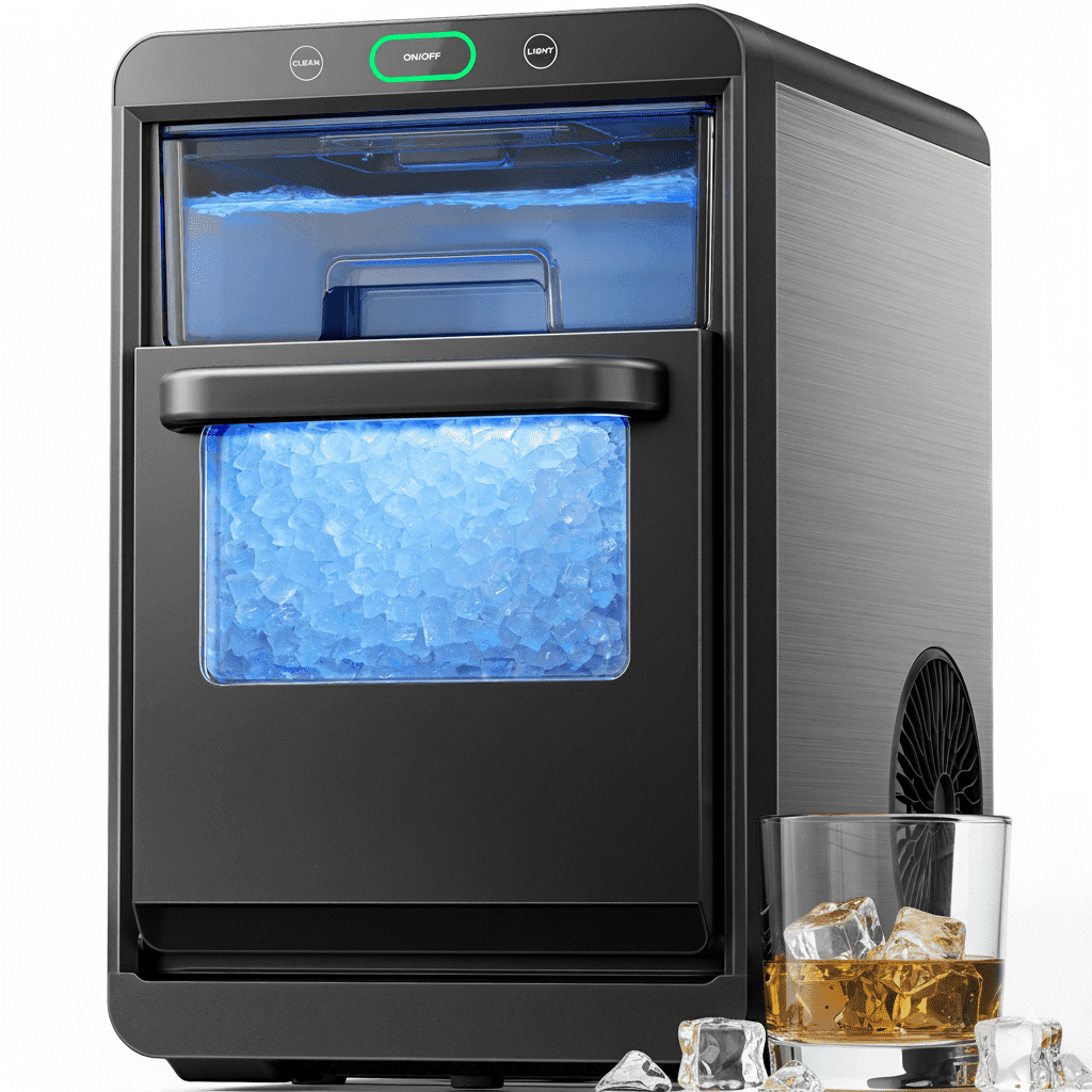 Philergo Nugget Ice Maker Countertop, 44Lbs/24H, Self-Cleaning Pellet Ice Machine with Ice Scoop and Basket, 10-15 Minute Ice Making for Home/Kitchen/Office, Black