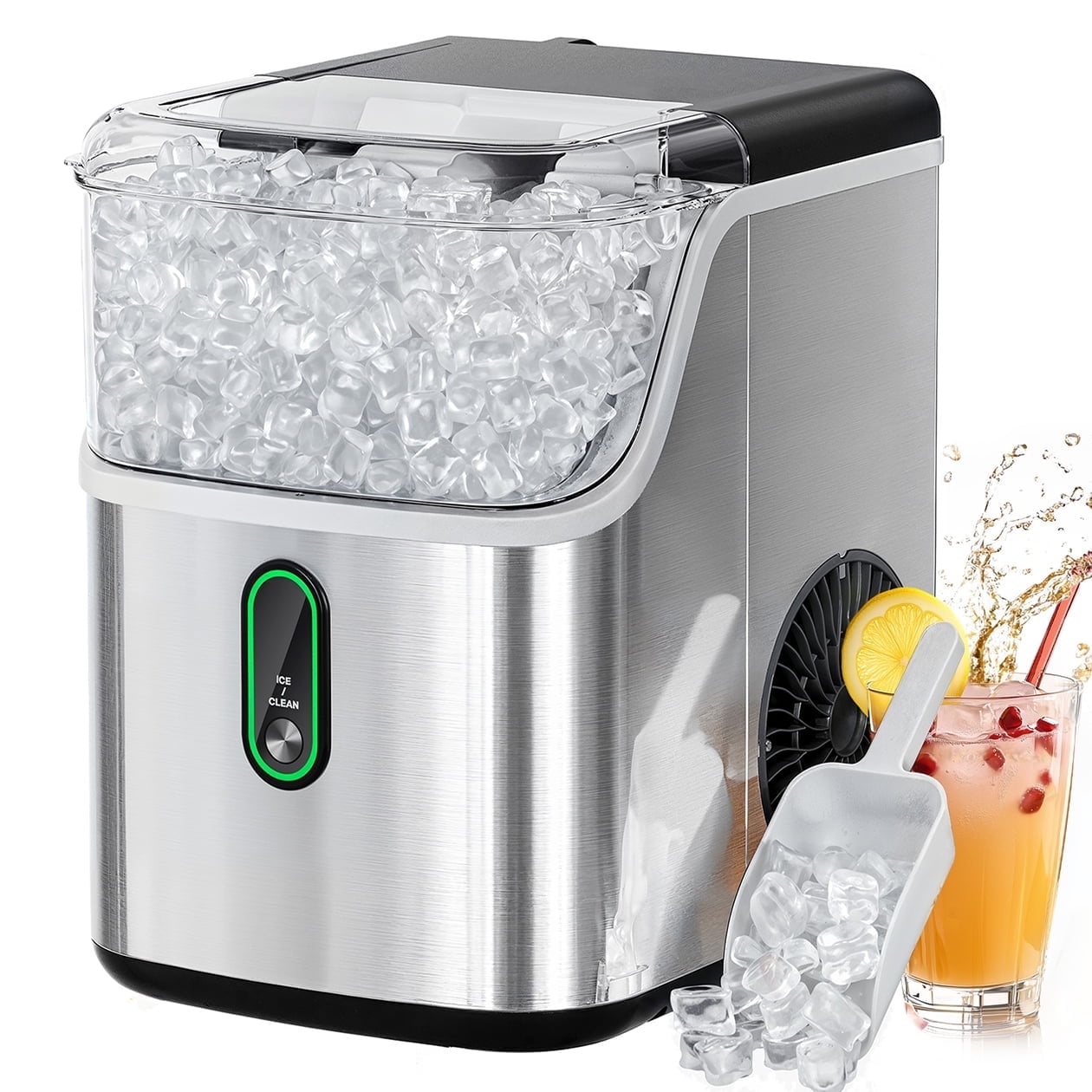 Philergo Nugget Ice Maker Countertops, 35.9lbs/24hr, Portable Pebble Ice Maker Machine with Self-Cleaning, Crushed Sonic ice maker with Soft Chewable Ice for Home, Kitchen, RV, Stainless Steel