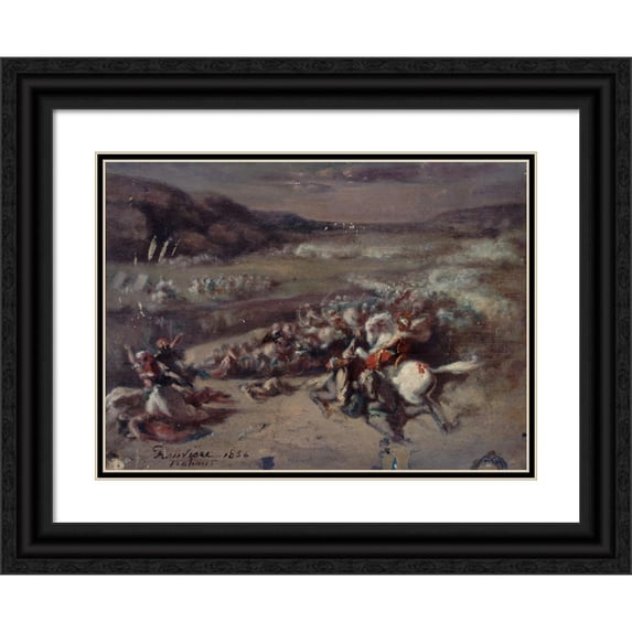 Philibert Rouvière 14x11 Black Ornate Wood Framed Double Matted Museum Art Print Titled: Battle Scene (1856)