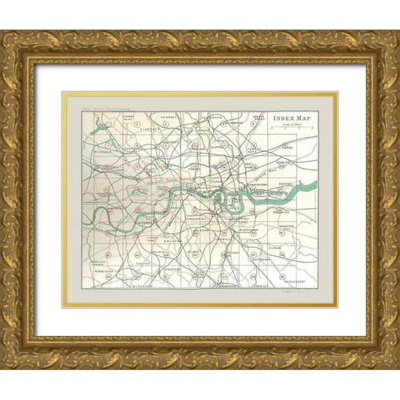 Philip 32x26 Gold Ornate Wood Framed with Double Matting Museum Art Print Titled - Index Atlas of London England - Philip 1902