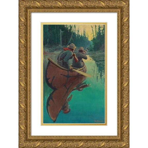 Philip R. Goodwin 11x14 Gold Ornate Wood Frame and Double Matted Museum Art Print Titled - Hunters in a Canoe