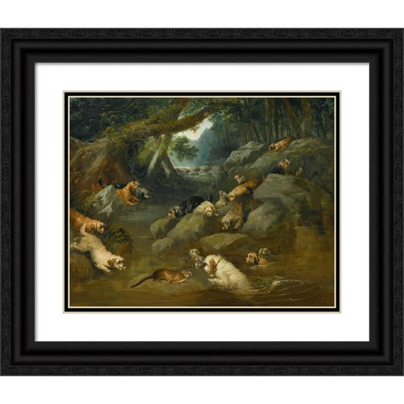 Philip Reinagle 18x15 Black Ornate Wood Framed Double Matted Museum Art Print Titled - An Otter Hunt