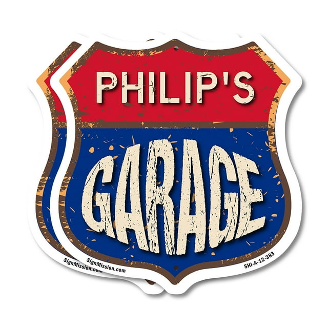 Philip's Garage (2 Pack) 12 inch X 12 inch Shield Shaped Commercial Grade Plastic Signs Weather Resistant, UV Protected To last, Gift for Dads and Uncles Classic Americana Crafted in
