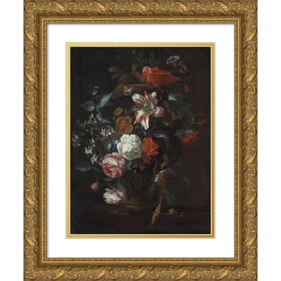 Philip van Kouwenbergh 15x18 Gold Ornate Wood Frame and Double Matted Museum Art Print Titled - Flowers in a Vase (C. 1700)