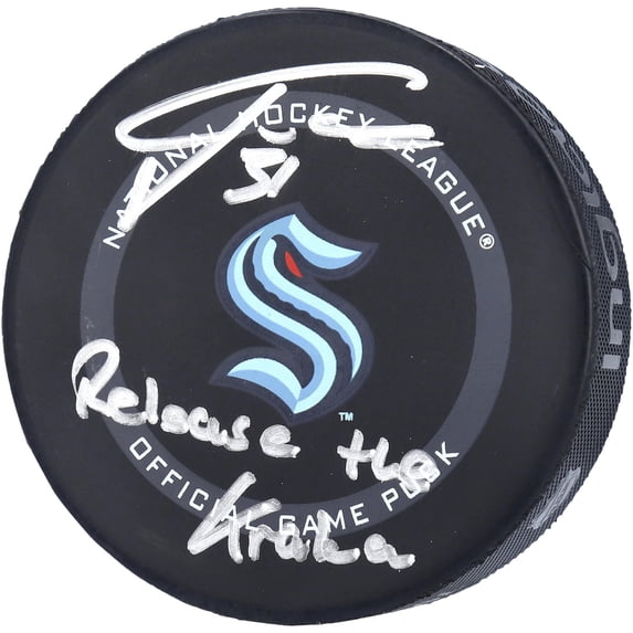 Philipp Grubauer Seattle Kraken Autographed Official Game Puck with "Release The Kraken" Inscription - Fanatics Authentic Certified