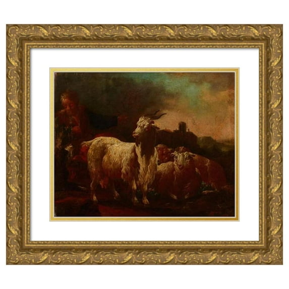 Philipp Peter Roos 24x20 Gold Ornate Framed and Double Matted Museum Art Print Titled - Goats and Sheep (1690)