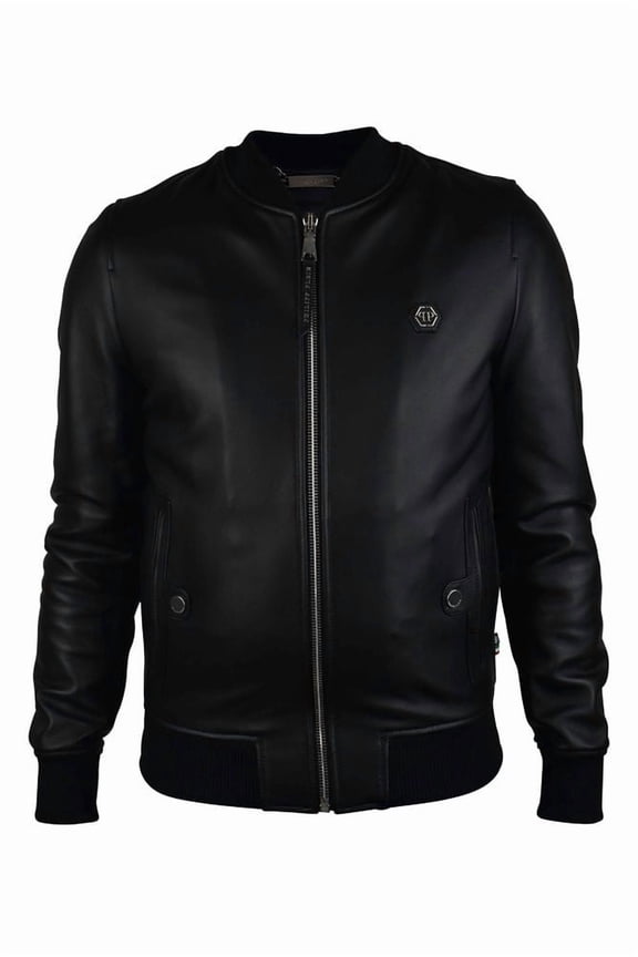 Black Leather Bomber Jacket With Silver Accents (Men's)