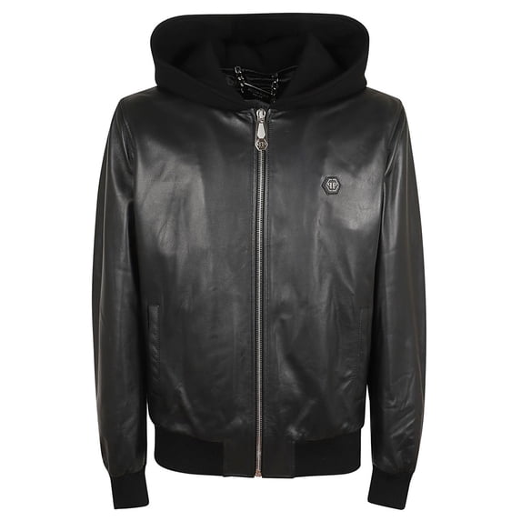 Philipp Plein Man Sheepskin Leather Jacket With Hood And Ribbed Cuffs Black Sizes standard XXXS-7XL