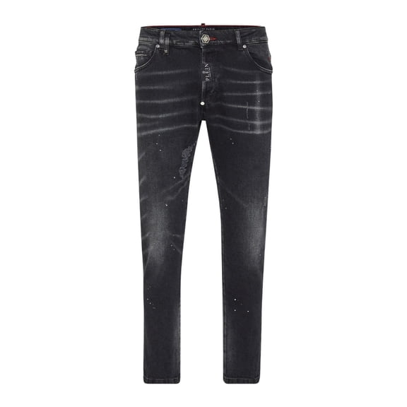 Philipp Plein Slim Fit Distressed Black Denim Jeans With Five-Pocket Design (Men's)