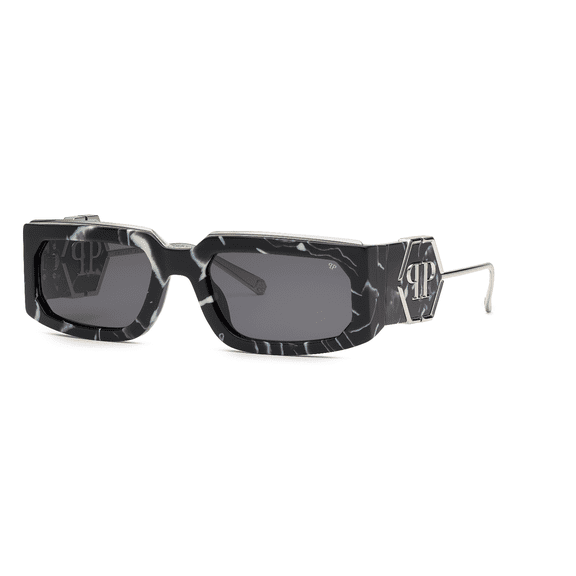 Philipp Plein SPP119M 0Z21 58mm Rectangle Sunglasses Men's Shiny Black Marble/Silver