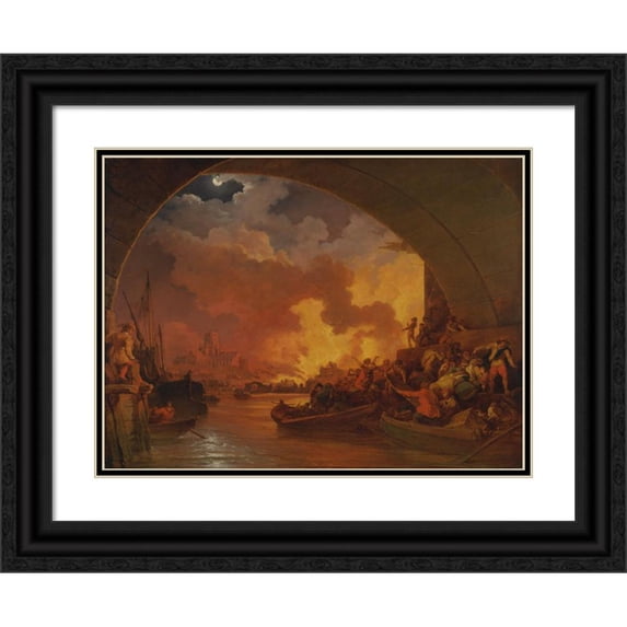 Philippe-Jacques de Loutherbourg 18x14 Black Ornate Wood Framed Double Matted Museum Art Print Titled - The Great Fire of London (ca. 1797)