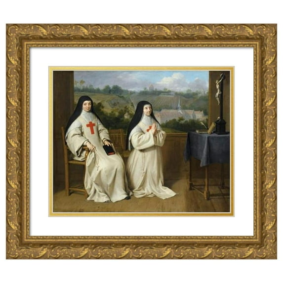 Philippe de Champaigne 14x12 Gold Ornate Wood Frame and Double Matted Museum Art Print Titled - Portrait of Mother Agnes and Sister Angelique from the Abbey of Port Royal Des Champs