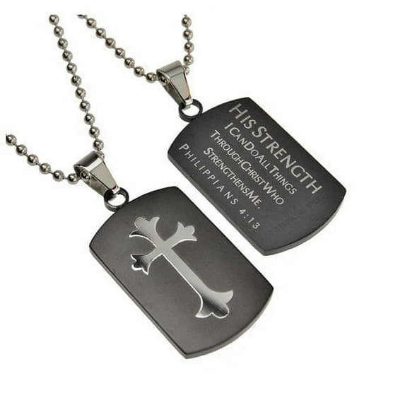 Philippians 4:13 Black Dog Tag Cross, Stainless Steel With Bead Chain