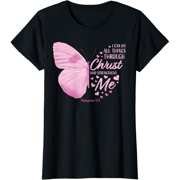 Philippians 4:13 Christian Bible Verse Gifts Women Butterfly T-Shirt Black X-Large