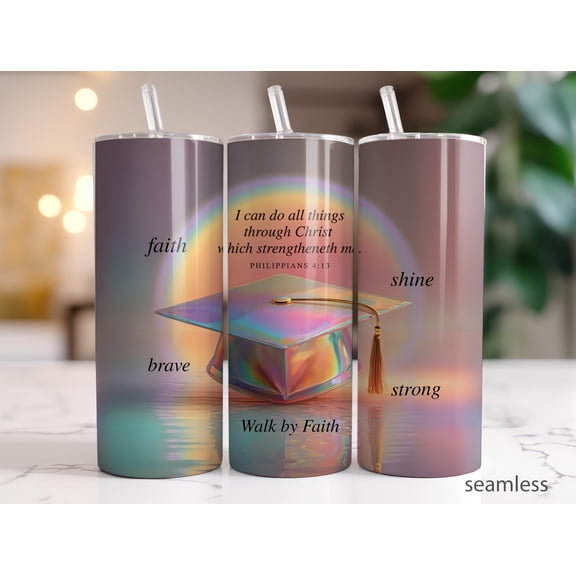 Philippians 4:13 Graduation 20 oz Skinny Tumbler, Iridescent Cap, Christian Bible Verse