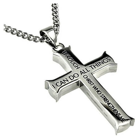 Philippians 4:13 Jewelry Cross Necklace STRENGTH Bible Verse Stainless Steel 20 inch Curb Chain