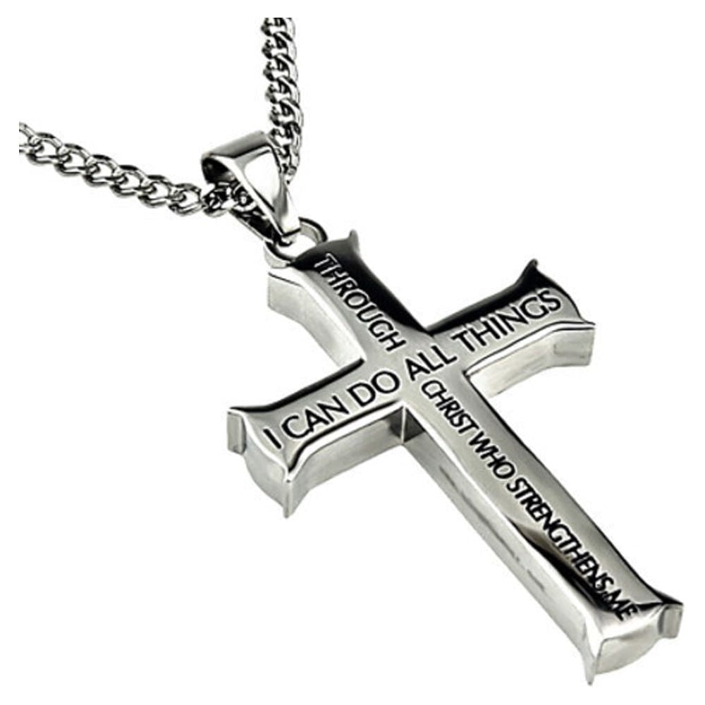 Philippians 4:13 Cross Pendant Necklace, Stainless Steel, 20 inch
