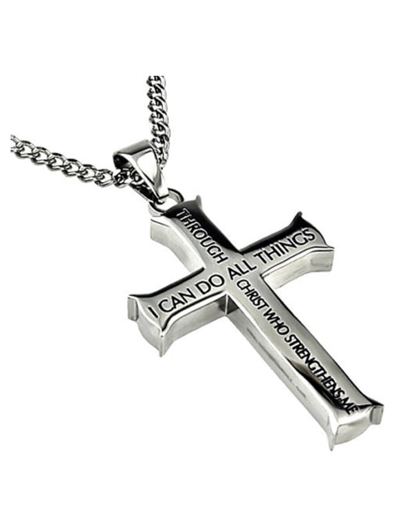 Philippians 4:13 Jewelry Cross Necklace STRENGTH Bible Verse Stainless Steel 20 inch Curb Chain