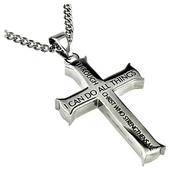 Philippians 4:13 Jewelry Cross Necklace STRENGTH Bible Verse Stainless Steel Curb Chain