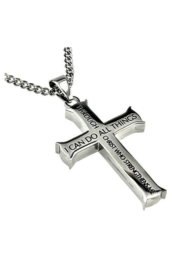 Philippians 4:13 Solid Stainless Steel Silver Cross Christ My Strength Necklace 20 inch Curb Chain