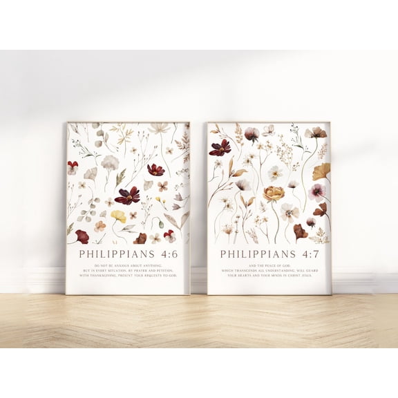 Philippians 4:6-7 Bible Verse Wall Art Christian Minimalist Botanical Set 2 Stretched Canvas 16x24