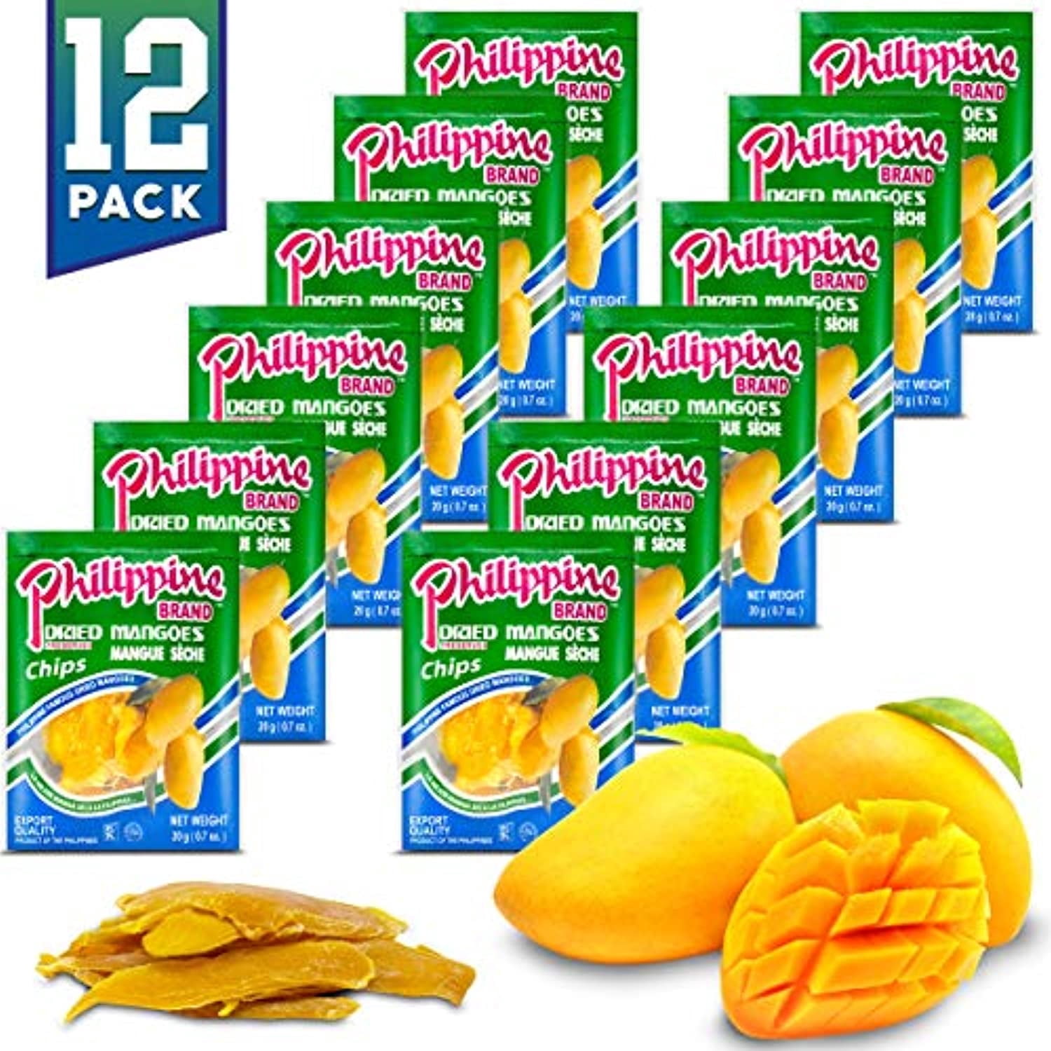 Philippine Brand Dried Mangoes Fruit Snacks {12 PACK} All Naturally Gluten Free, Vegan, Hand-Selected Delicious Fresh Mangos from Philippines,