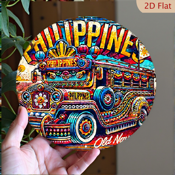 Philippine Jeepney Round Metal Wall Art, 8x8 Inch Vibrant Retro Street Art Decor, Colorful Folk Style Circular Aluminum Sign for Home and Office Wall Decor