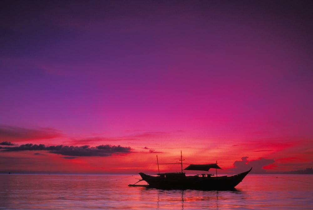 Philippines Boracay Island Outrigger Canoe Silhouetted At Sunset Purple Orange Sky Canvas Art - Richard Maschmeyer Design Pics (17 x 11)