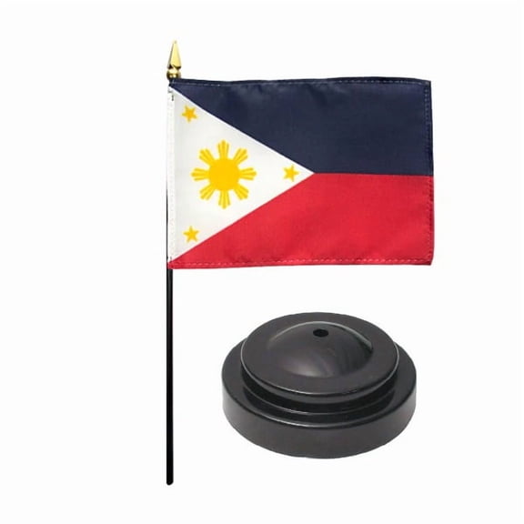 Philippines Desk Flag with Base; American Made Rayon 4x6 inch Miniature Table Set Includes One Small Mini Country Stick Flags and One Black Stand (Philippines Desk Flag and Base)
