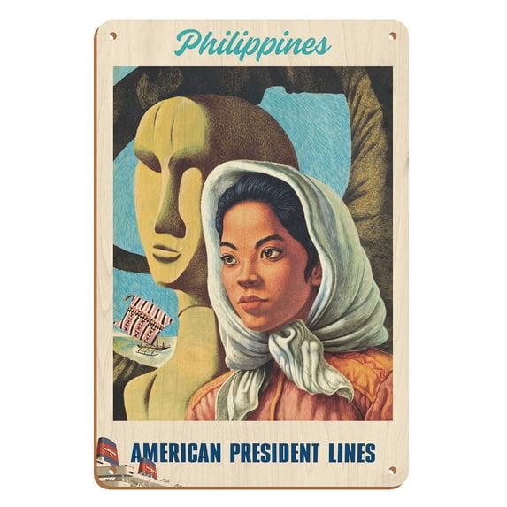 Philippines - Filipina Igorot Statue - American President Lines - Vintage Ocean Liner Travel Poster by Don Clever c.1950s - 8 x 12 inch Vintage Wood Art Sign