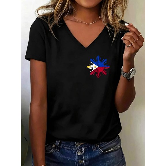 Philippines Filipino Flag Pilipinas Pride Filipino Roots V Neck T-Shirt Cotton Women's V Neck Graphic Tee, Casual Short Sleeve Shirt,Vacation Outfit