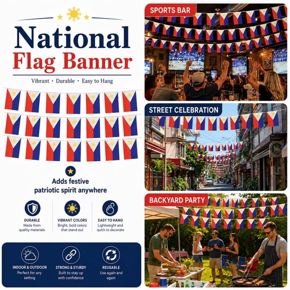 Philippines Flag Bunting Banner 33Ft, 30 Pcs Small Rectangle Filipino Flags for Party Decorations, Double Sided String Flags for National Day Celebrations