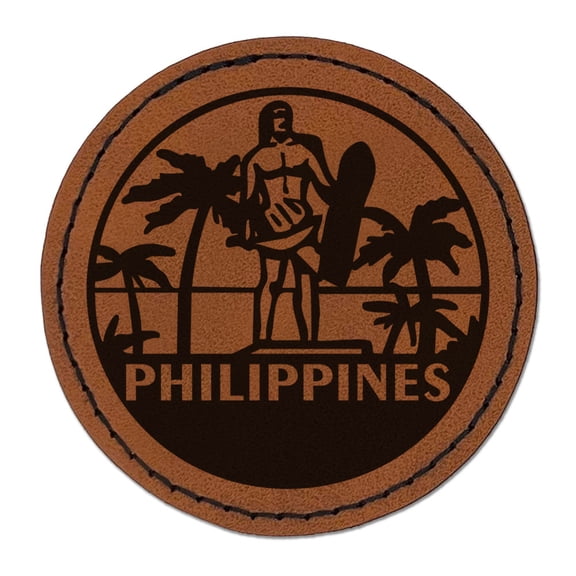 Philippines Lapu Lapu Mactan Shrine Country Destination Travel Landmark Round Iron-On Engraved Faux Leather Patch Applique - 2.5 Inch - Brown
