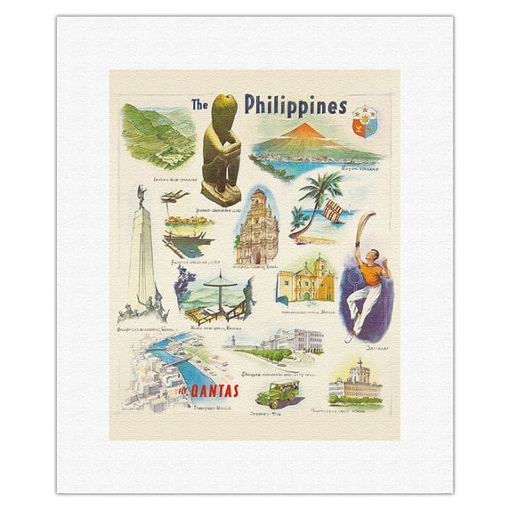 Philippines - Qantas Empire Airways (QEA) - Vintage Travel Poster c.1962 - Fine Art Rolled Canvas Print 11in x 14in