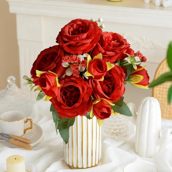 Philippos Rose Bouquet Artificial Flowers, Silk Rose Bouquet Wedding Decor, Bridal Bouquet Centerpiece for Christmas Tabletop, Home Setting Mantel Display and Indoor Arrangement Akmoler