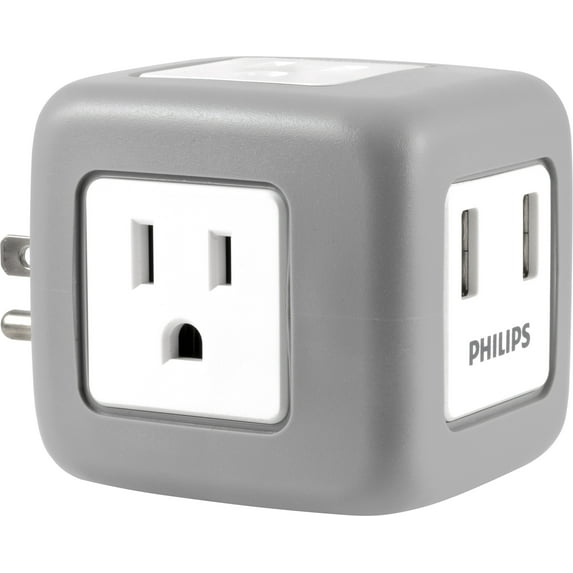 Philips 3-Outlet, 2-USB Rubberized Cube Surge Protector Tap, 245J, Gray/White – SPP3202GR/37