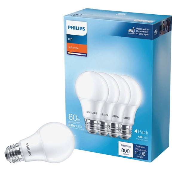 Philips A19 E26 (Medium) LED Bulb Soft White 60 Watt Equivalence 4 pk Residential Use, Standard Application
