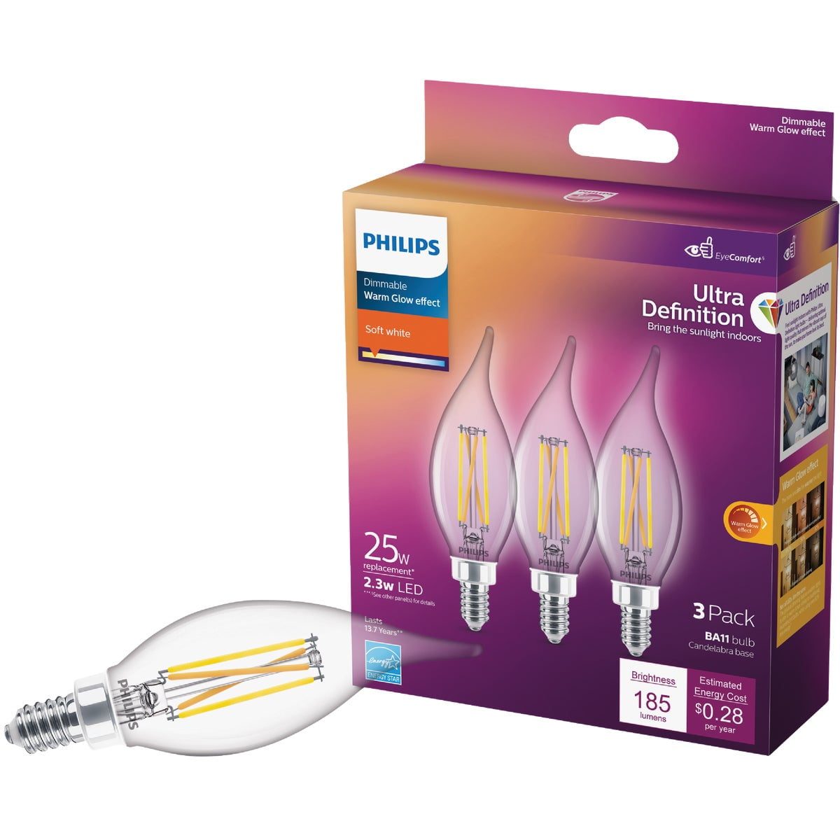 Ultra Definition Clear Dimmable LED Candelabra Bulbs, Pack of 3