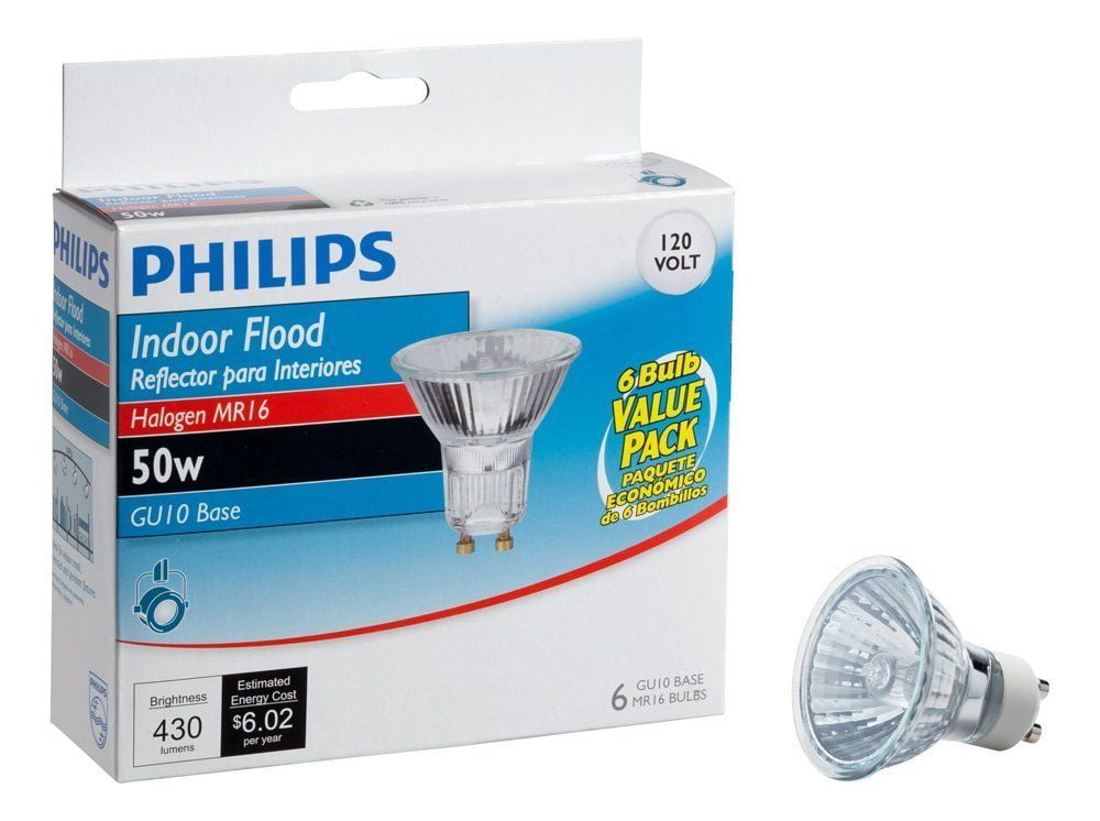 Philips 415760 Indoor Flood 50-Watt MR16 GU10 Base 120-Volt Light Bulb,  6-Pack 