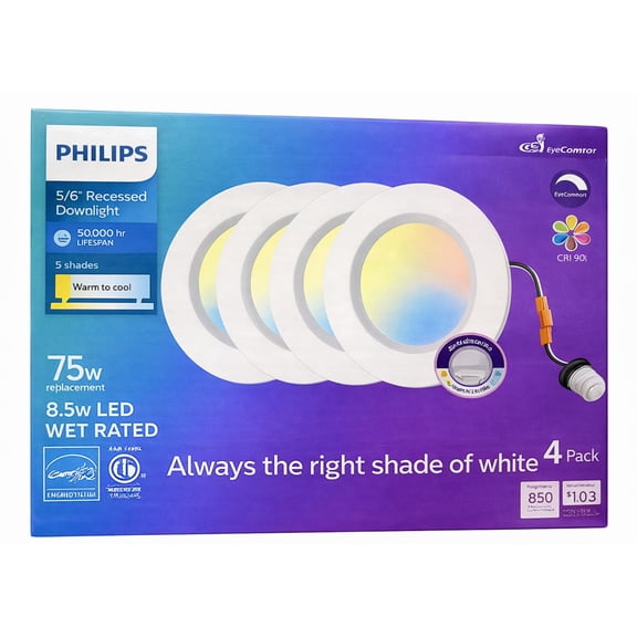 Philips 5/6" LED Recessed 4-Pack  Adjustable White (2700K5000K), 75W Replacement, Fits 5 & 6 Cans
